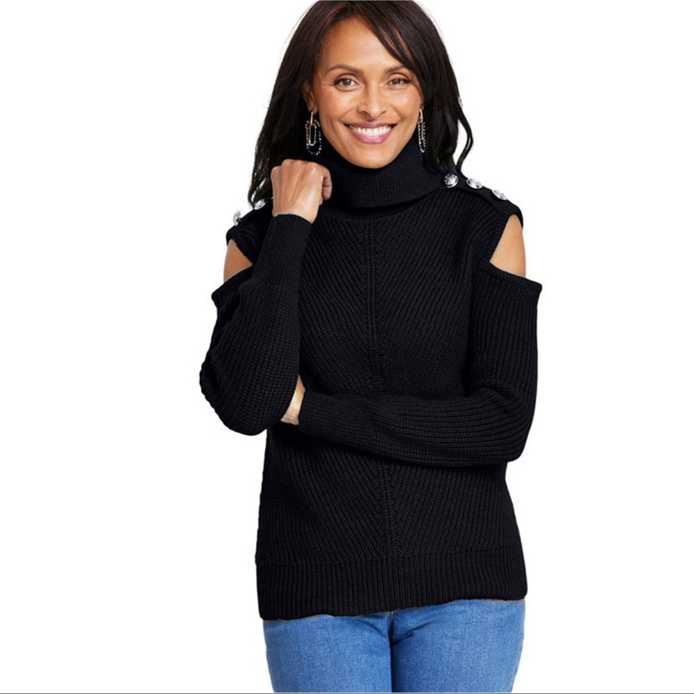 INC International Concepts Black Cold Shoulder Turtleneck Sweater Fall Winter - Picture 2 of 3